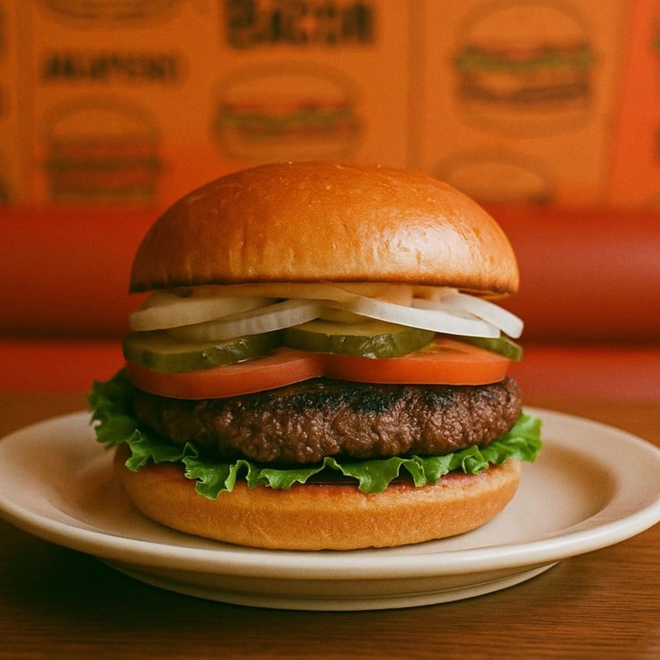 A Burger Xpress burger with lettuce, patty, tomato, pickles, and onions on a bun.