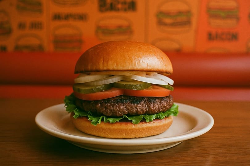 A Burger Xpress burger with lettuce, patty, tomato, pickles, and onions on a bun.