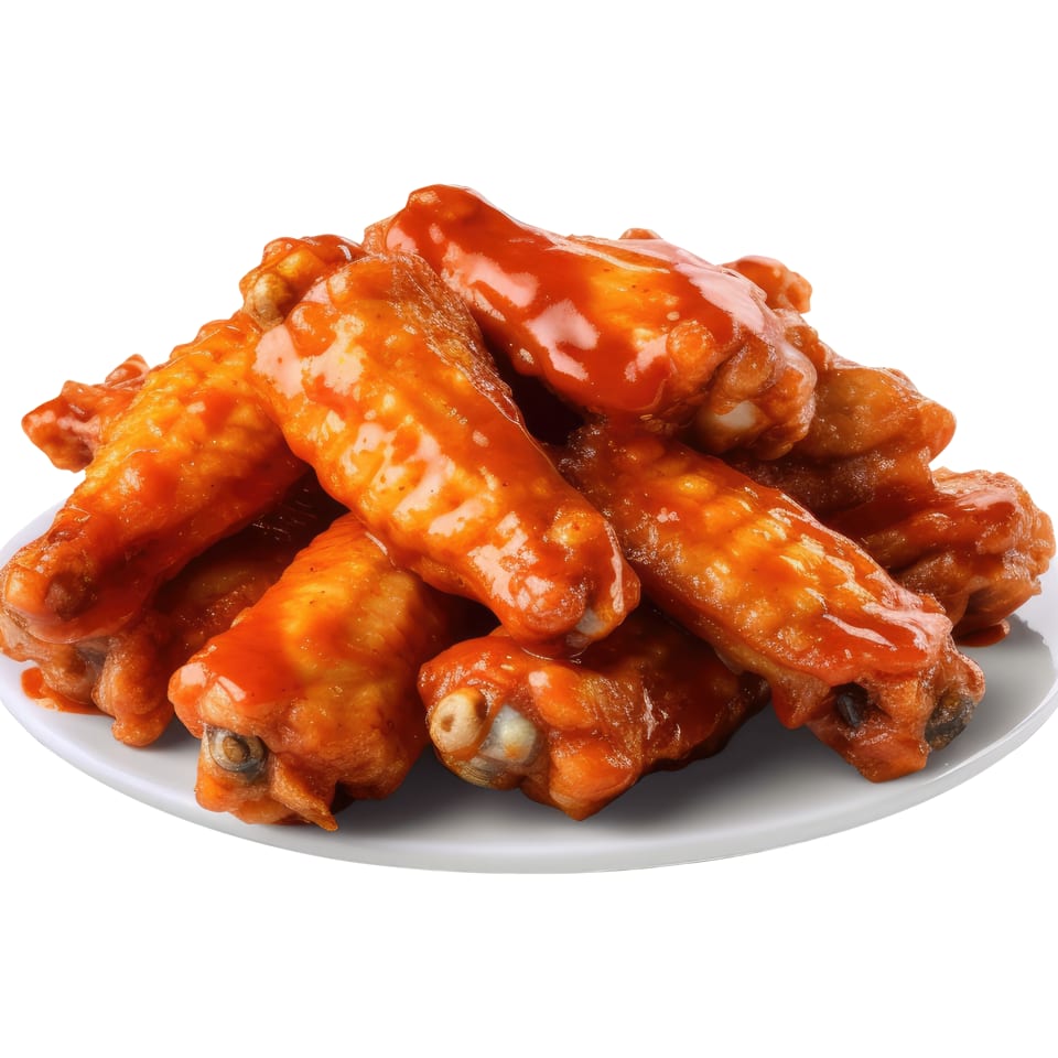 A white plate piled high with Burger Xpress's buffalo chicken wings, coated in a glossy orange sauce.