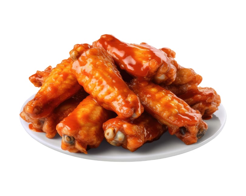 A white plate piled high with Burger Xpress's buffalo chicken wings, coated in a glossy orange sauce.