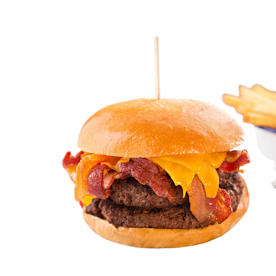 Double patty bacon cheeseburger from Burger Xpress with a side of fries.